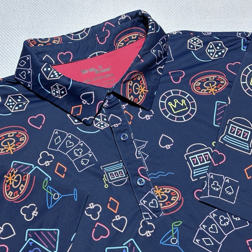 Birdie Bound Golf Polo Mens 3XL Navy Las Vegas Neon Lights Poker Cocktail Print